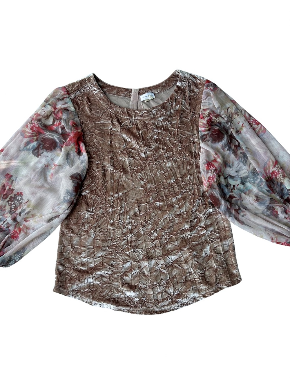 Anthropologie Metallic Crushed Velvet Blouse with Floral Sheer Balloon Sleeves